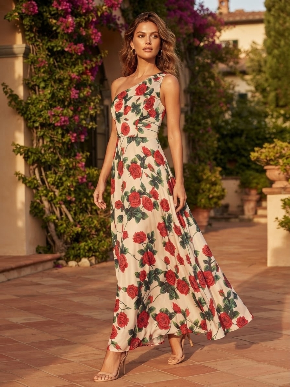 One-Shoulder Red Rose Print Maxi Dress